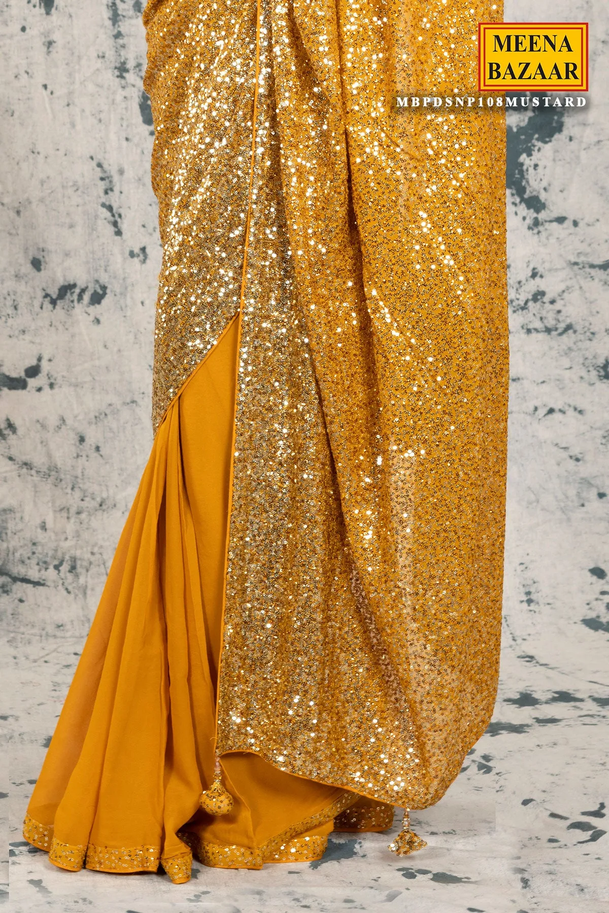 Mustard Georgette Sequins Embroidered Saree