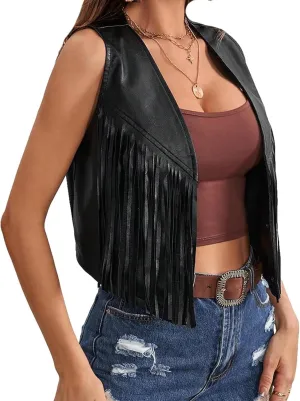 Mxiqqpltky PU Fringe Vest Women Faux Leather Sleeveless 70s Hippie Cropped Cardigan Y2K Open Front Western Jacket Outerwear