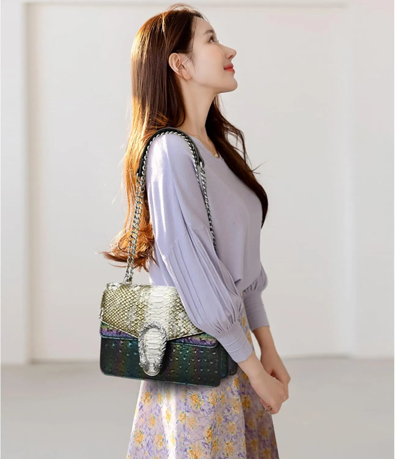 MYHOZEE Crossbody Bags for Women - Snake Printed Clutch Purses Leather Chain Shoulder Bags Evening Handbags