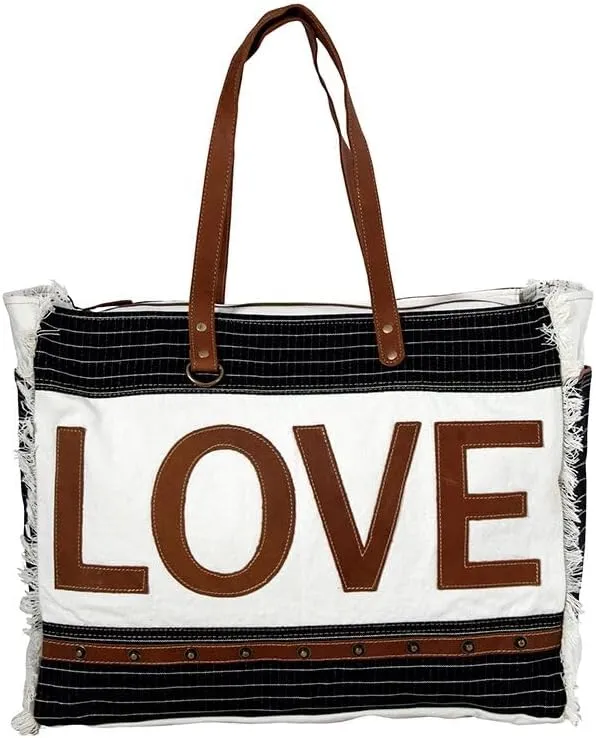Myra Bag Western Leather Weekender Bag for Women, Upcycled Canvas Shoulder Bag - Letters of Love