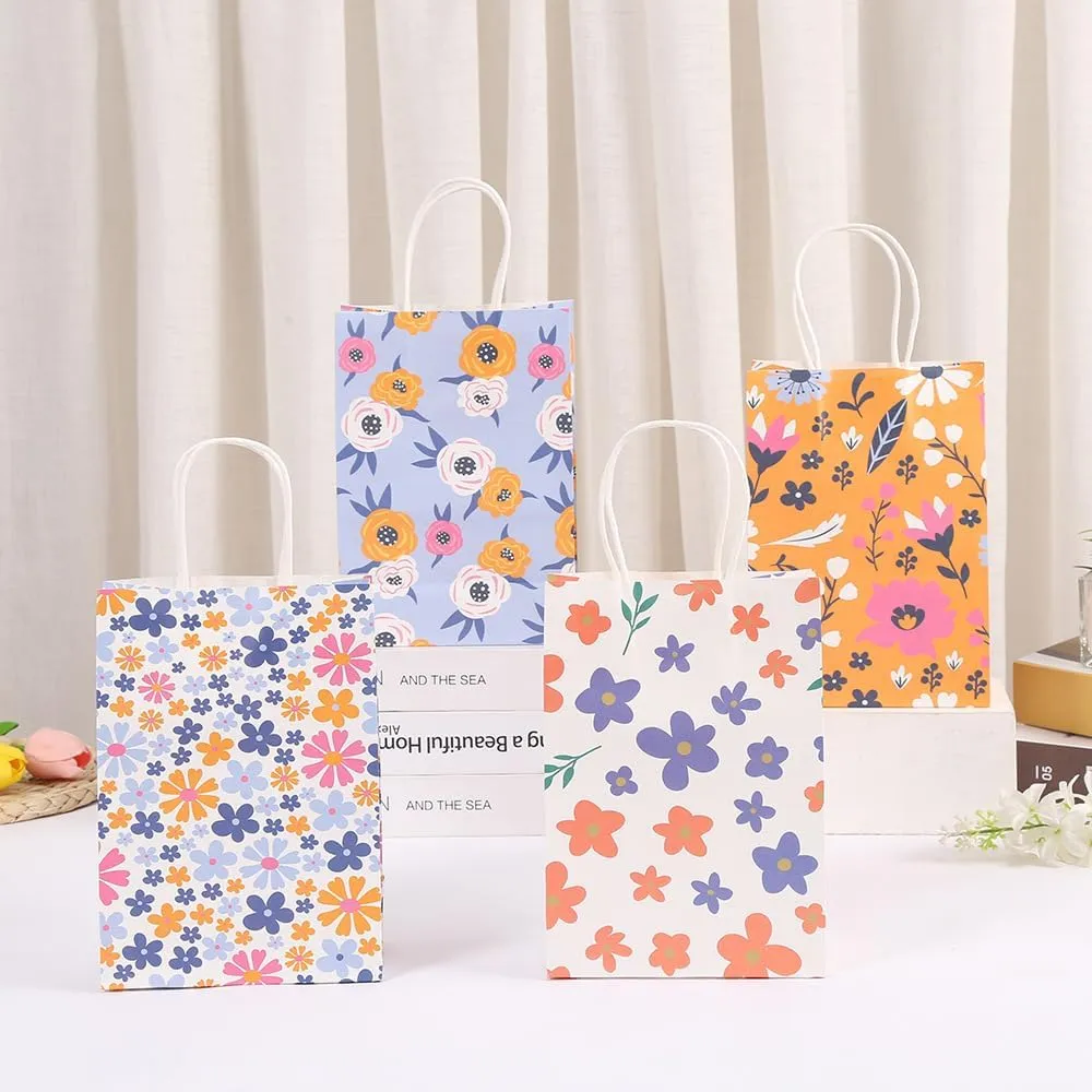 Namzi gifts, flowers, gift boxes, packaging bags, pastoral series handbag with colorful printed flowers, gift handbag (white, 25.5 * 12.5 * 33cm)