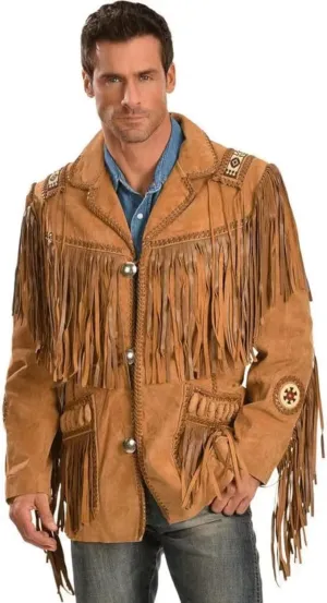 Native American Style Suede Leather Fringe Jacket, Mountain Man Warshirt, Buckskin, Mustard Yellow