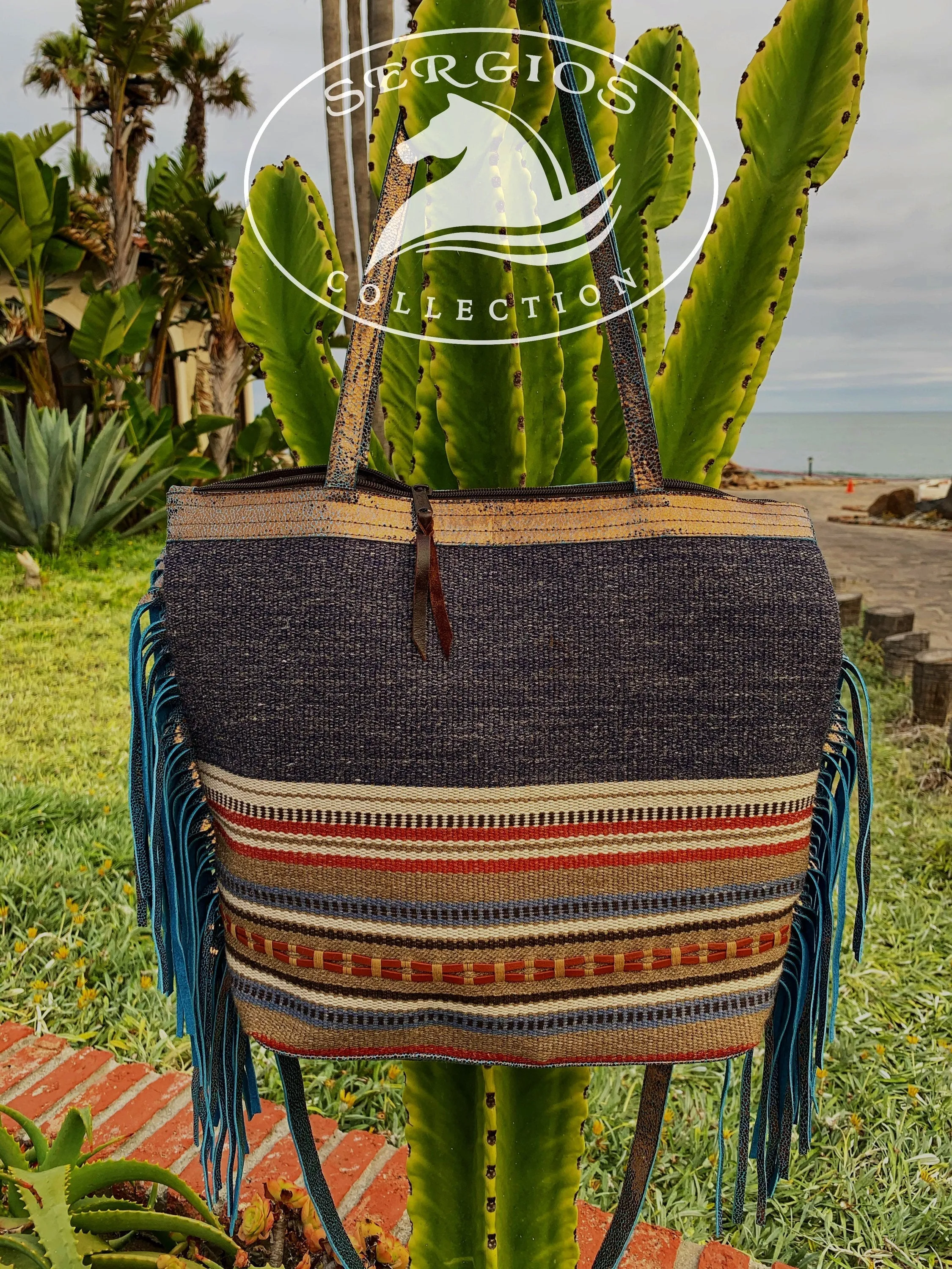 Navajo Blue tote bag double handle plus crossbody strap