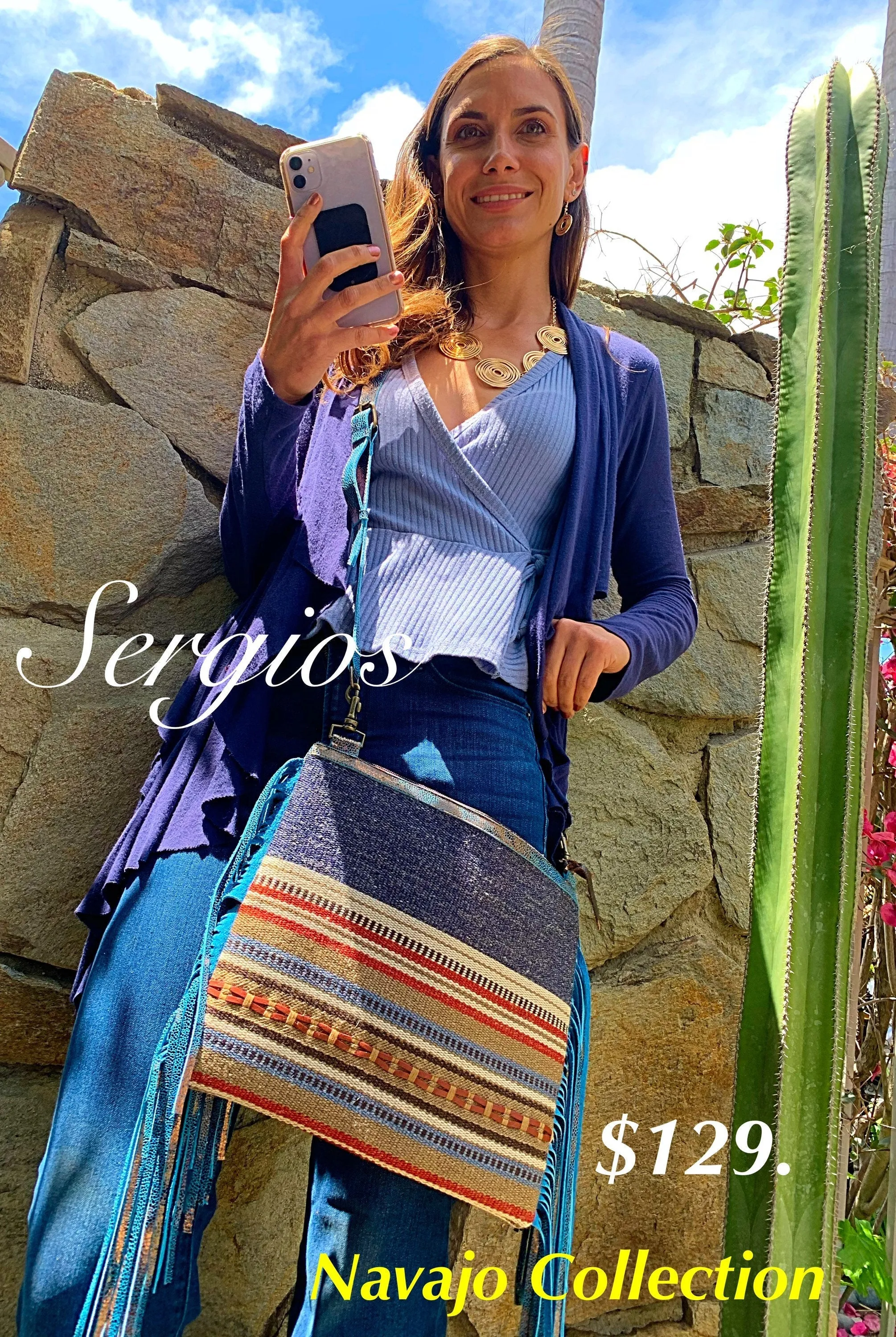 Navajo Blue tote bag double handle plus crossbody strap