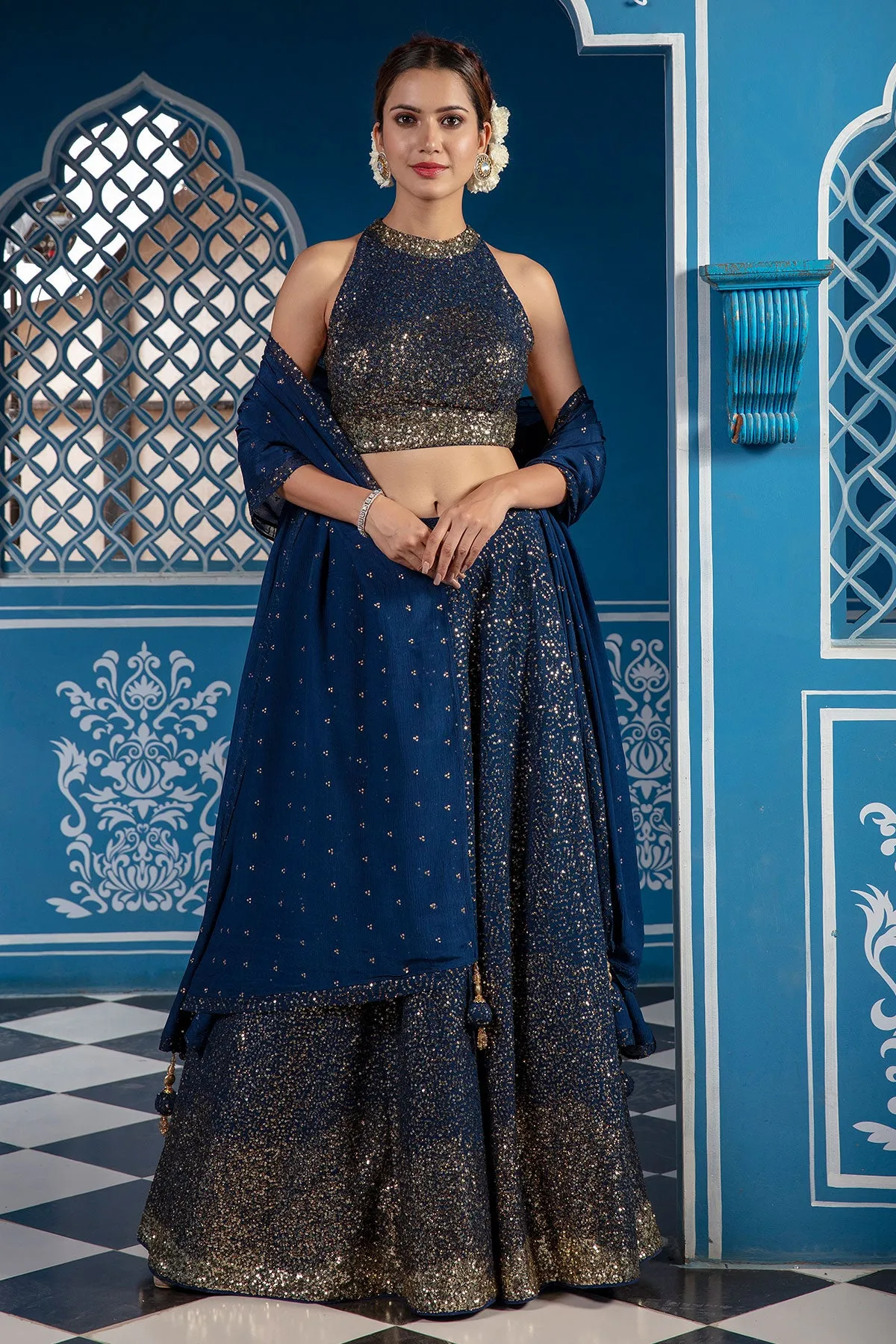 Navy Blue Georgette Lehenga
