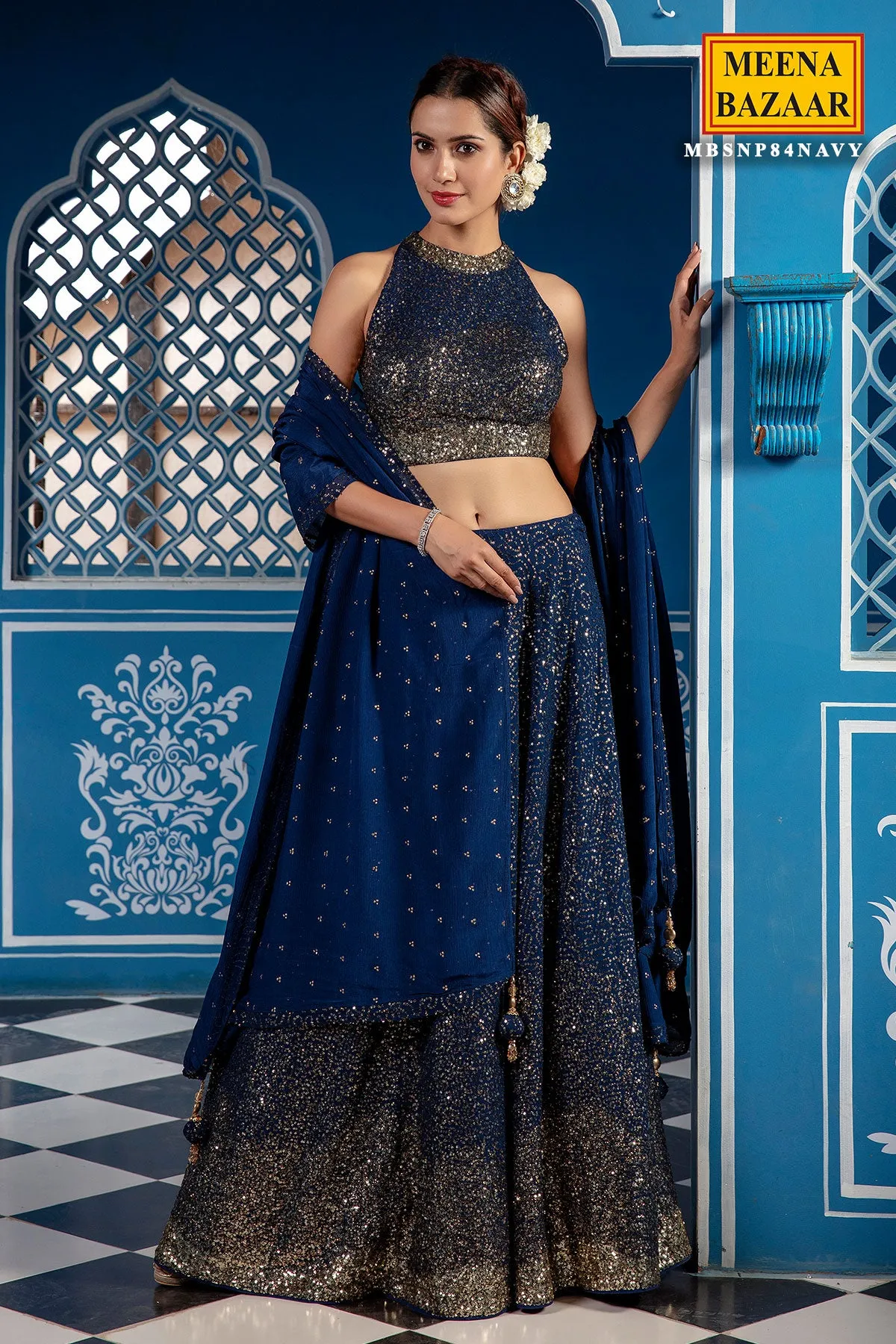 Navy Blue Georgette Lehenga
