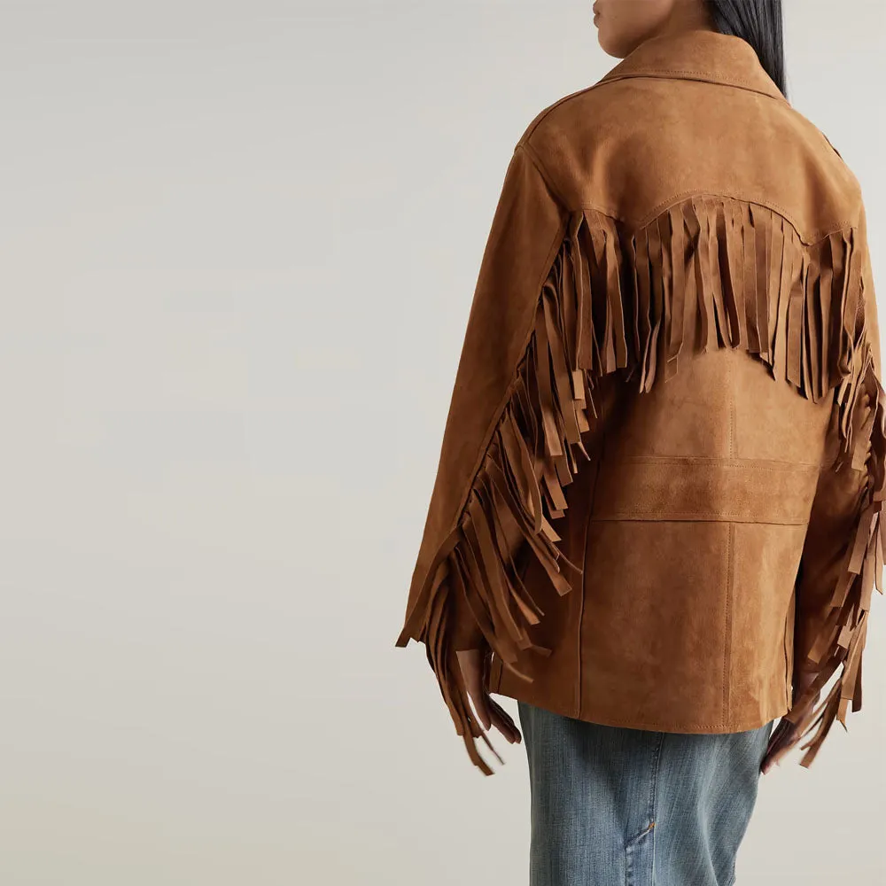 New Women Brown Fringe Western Leather Suede Jacket