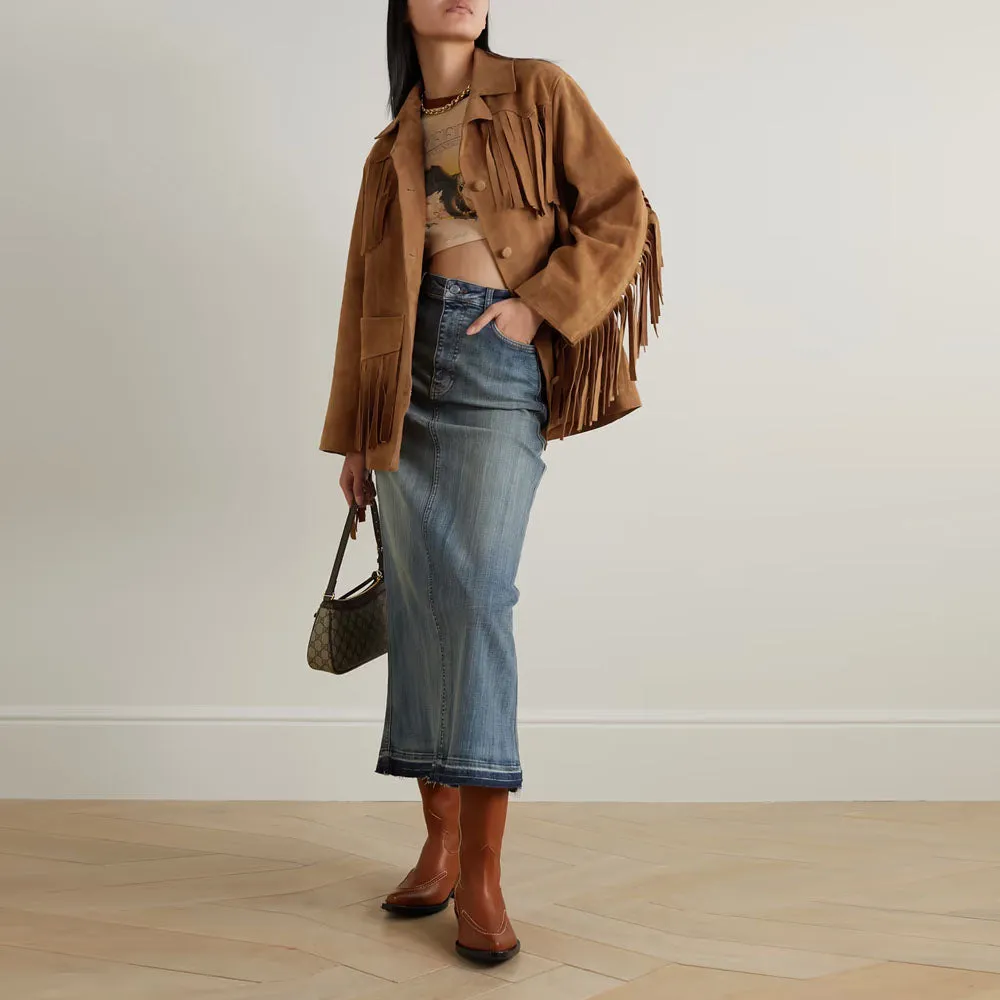 New Women Brown Fringe Western Leather Suede Jacket