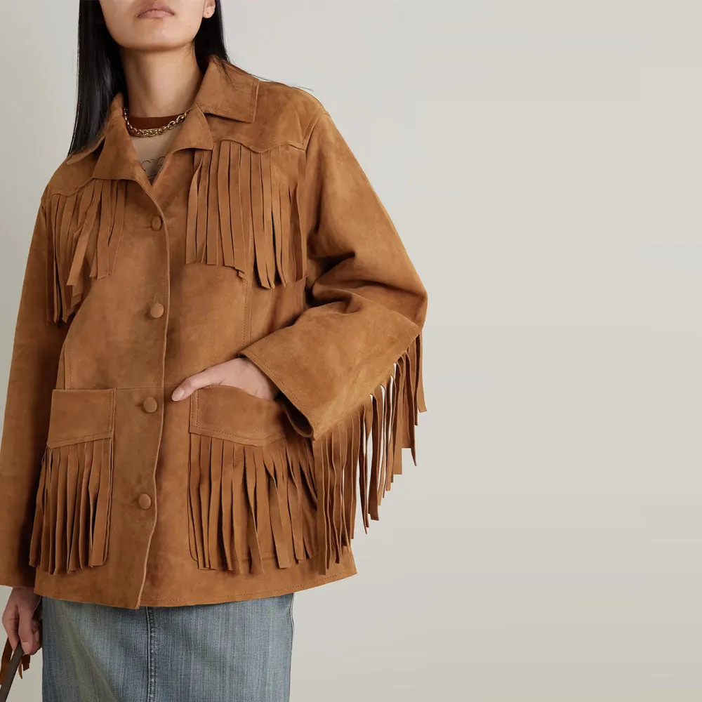 New Women Brown Fringe Western Leather Suede Jacket