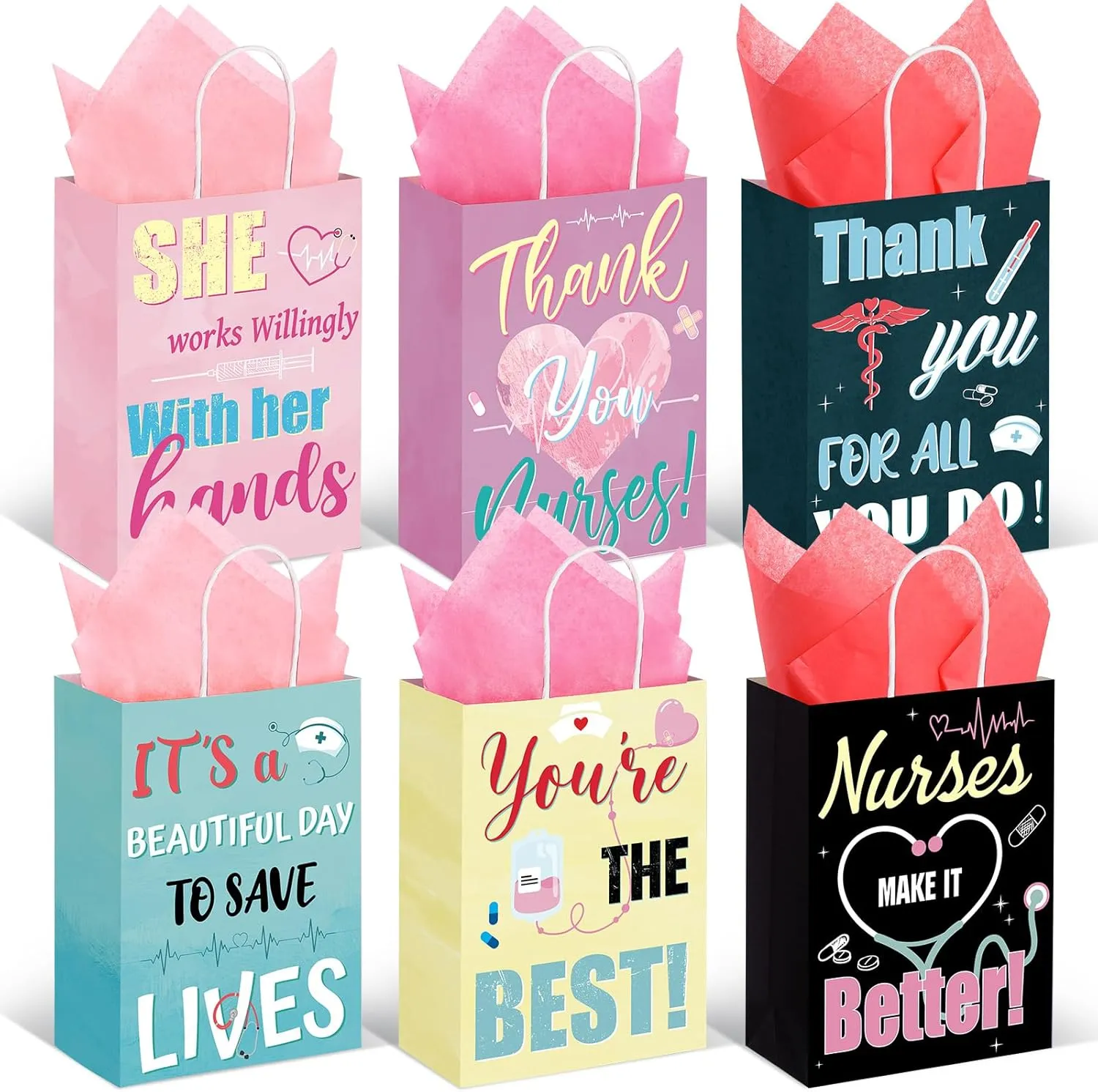 Nezyo 30 Pcs Nurse Gift Bags with 30 Wrapping Tissue Papers Nurses Appreciation Week Gifts Bags Stylish Nurse Appreciation Gifts for Thank Party Memorable Nursing Assistant Graduates Medical (Fresh)