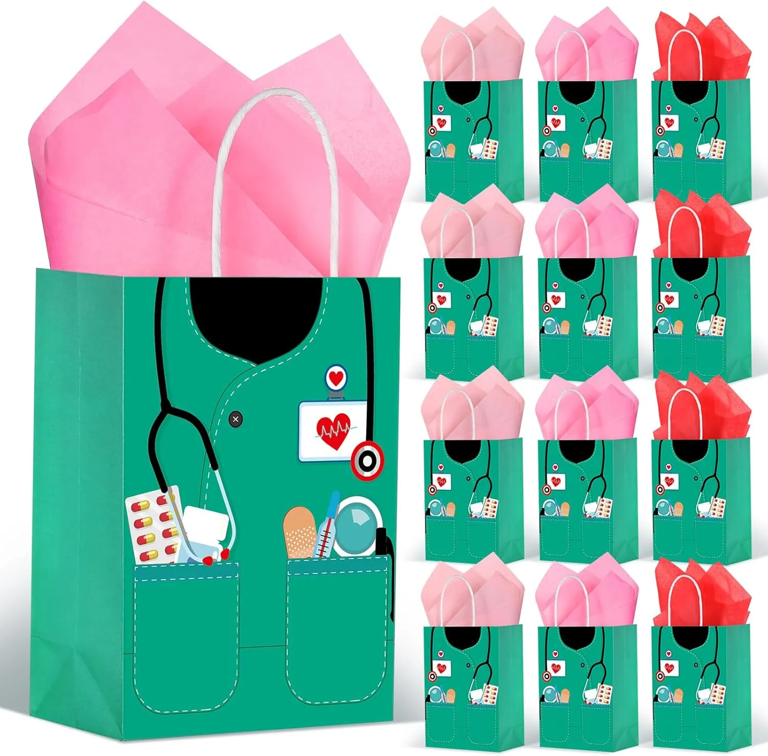 Nezyo 30 Pcs Nurse Gift Bags with 30 Wrapping Tissue Papers Nurses Appreciation Week Gifts Bags Stylish Nurse Appreciation Gifts for Thank Party Memorable Nursing Assistant Graduates Medical (Green)