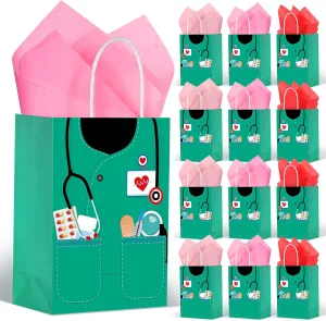 Nezyo 30 Pcs Nurse Gift Bags with 30 Wrapping Tissue Papers Nurses Appreciation Week Gifts Bags Stylish Nurse Appreciation Gifts for Thank Party Memorable Nursing Assistant Graduates Medical (Green)