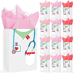 Nezyo 30 Pcs Nurse Gift Bags with 30 Wrapping Tissue Papers Nurses Appreciation Week Gifts Bags Stylish Nurse Appreciation Gifts for Thank Party Memorable Nursing Assistant Graduates Medical(White)