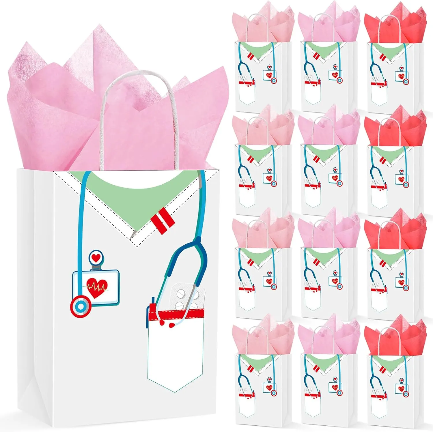 Nezyo 30 Pcs Nurse Gift Bags with 30 Wrapping Tissue Papers Nurses Appreciation Week Gifts Bags Stylish Nurse Appreciation Gifts for Thank Party Memorable Nursing Assistant Graduates Medical(White)