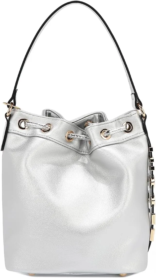 Nicole Lee Bucket Bag, Vegan Leather, Faux Croc Accents, Drawstring Closure
