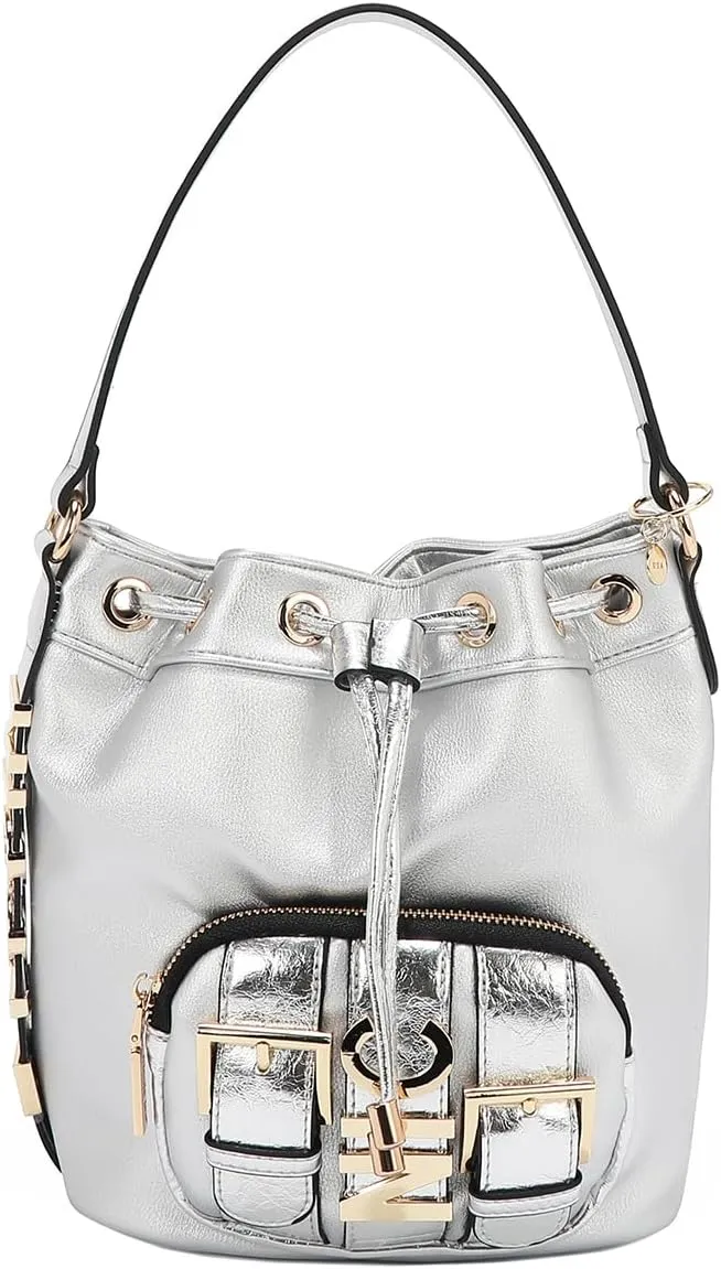 Nicole Lee Bucket Bag, Vegan Leather, Faux Croc Accents, Drawstring Closure
