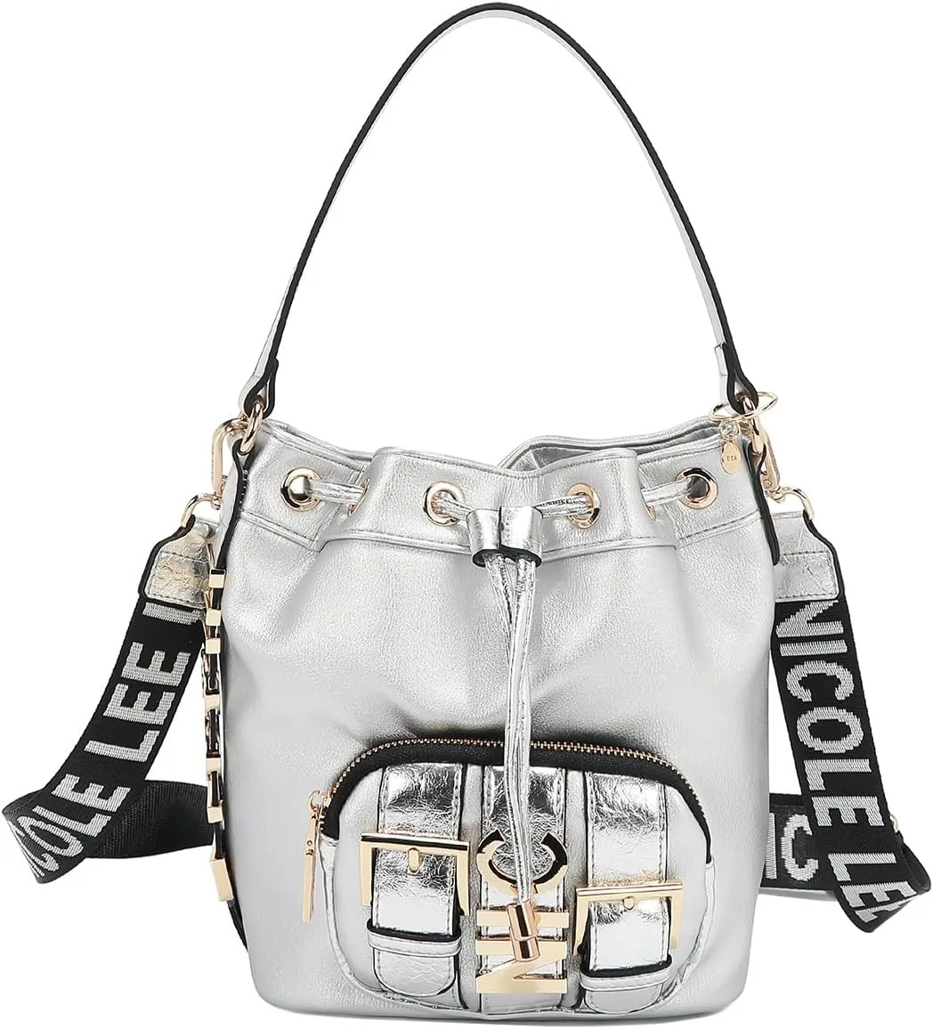 Nicole Lee Bucket Bag, Vegan Leather, Faux Croc Accents, Drawstring Closure