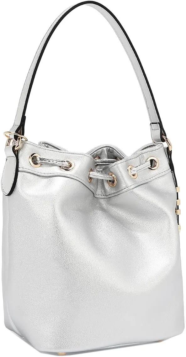 Nicole Lee Bucket Bag, Vegan Leather, Faux Croc Accents, Drawstring Closure