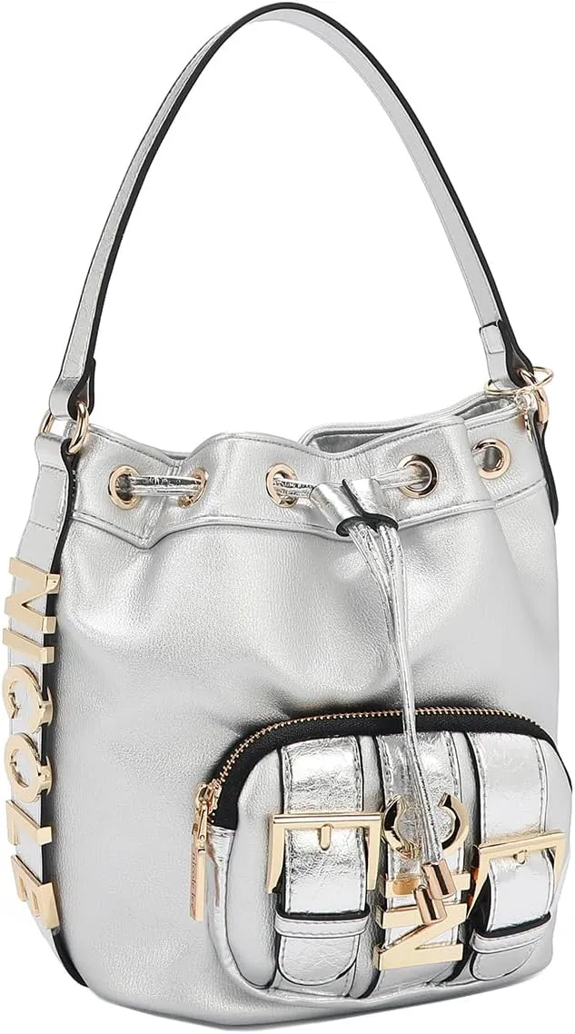 Nicole Lee Bucket Bag, Vegan Leather, Faux Croc Accents, Drawstring Closure