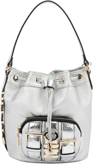 Nicole Lee Bucket Bag, Vegan Leather, Faux Croc Accents, Drawstring Closure