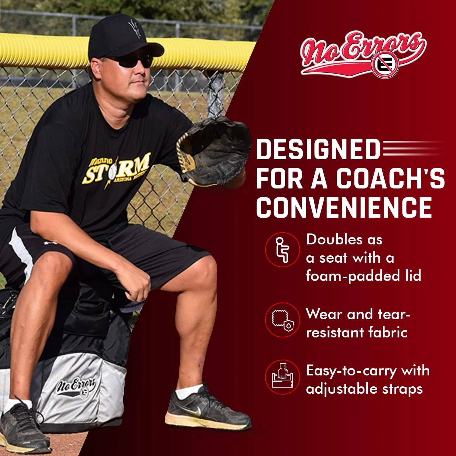 No Errors Coaches Ball Buddy Baseball Coach Bag - Heavy Duty Baseball Equipment Bag for Coaches with Built-in Cooler - Holds 6 Gallon Bucket of Balls and Coaching Equipment