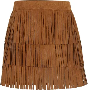 Noomelfish Girls Suede Fringe Skirt Boho Tassel Layered Ruffle Skirt (5-12 Years)