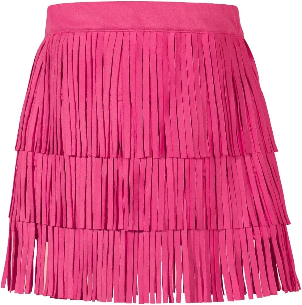 Noomelfish Girls Suede Fringe Skirt Boho Tassel Layered Ruffle Skirt (5-12 Years)