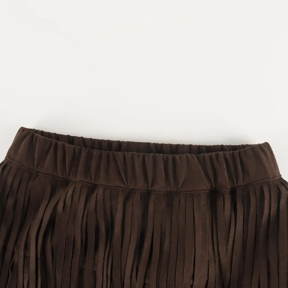 Noomelfish Girls Suede Fringe Skirt Boho Tassel Layered Ruffle Skirt (5-12 Years)