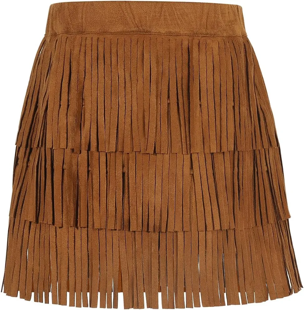 Noomelfish Girls Suede Fringe Skirt Boho Tassel Layered Ruffle Skirt (5-12 Years)