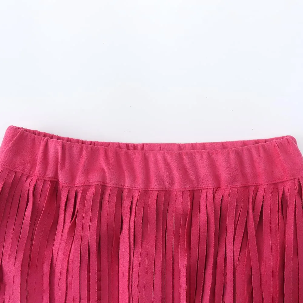 Noomelfish Girls Suede Fringe Skirt Boho Tassel Layered Ruffle Skirt (5-12 Years)