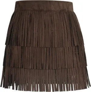 Noomelfish Girls Suede Fringe Skirt Boho Tassel Layered Ruffle Skirt (5-12 Years)