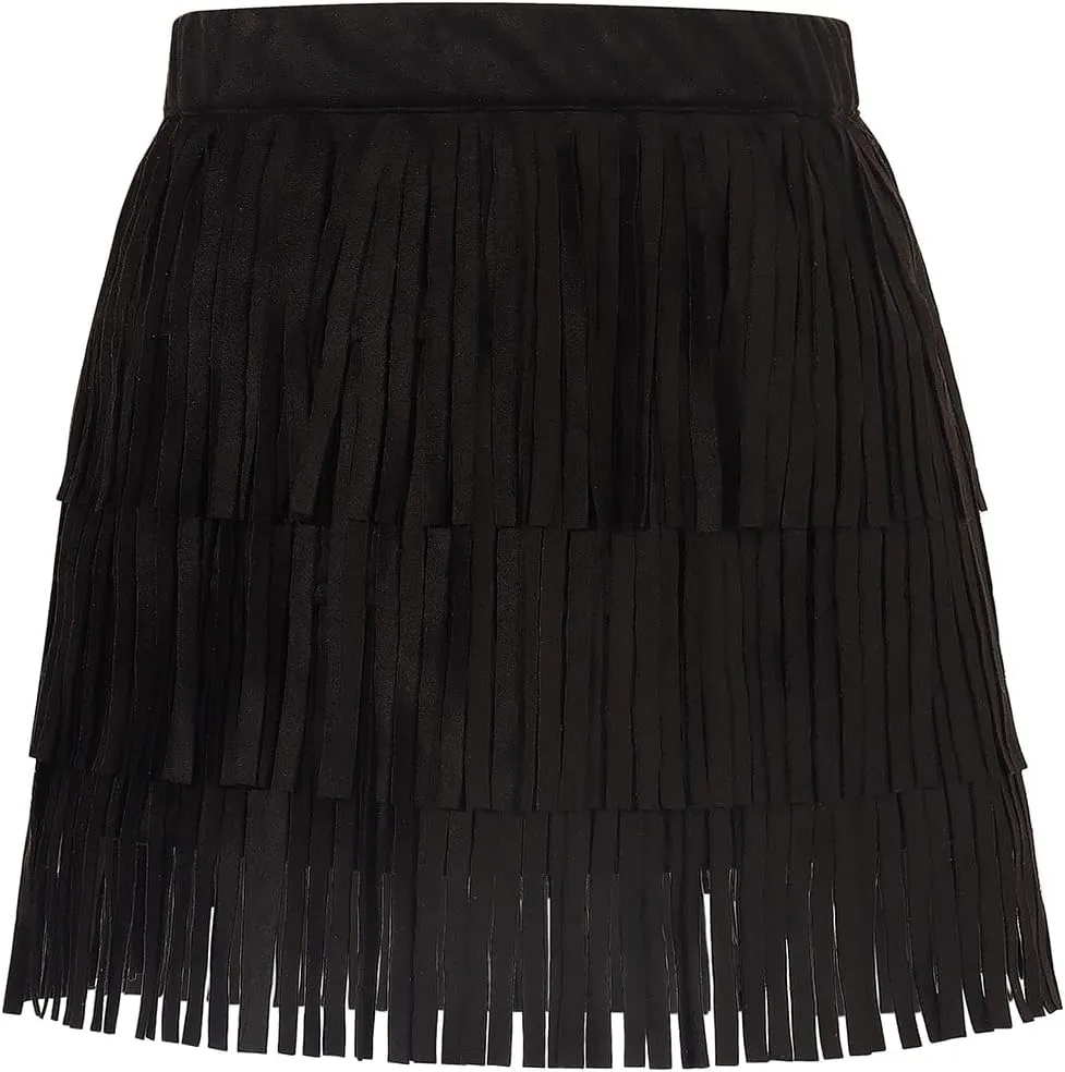 Noomelfish Girls Suede Fringe Skirt Boho Tassel Layered Ruffle Skirt (5-12 Years)