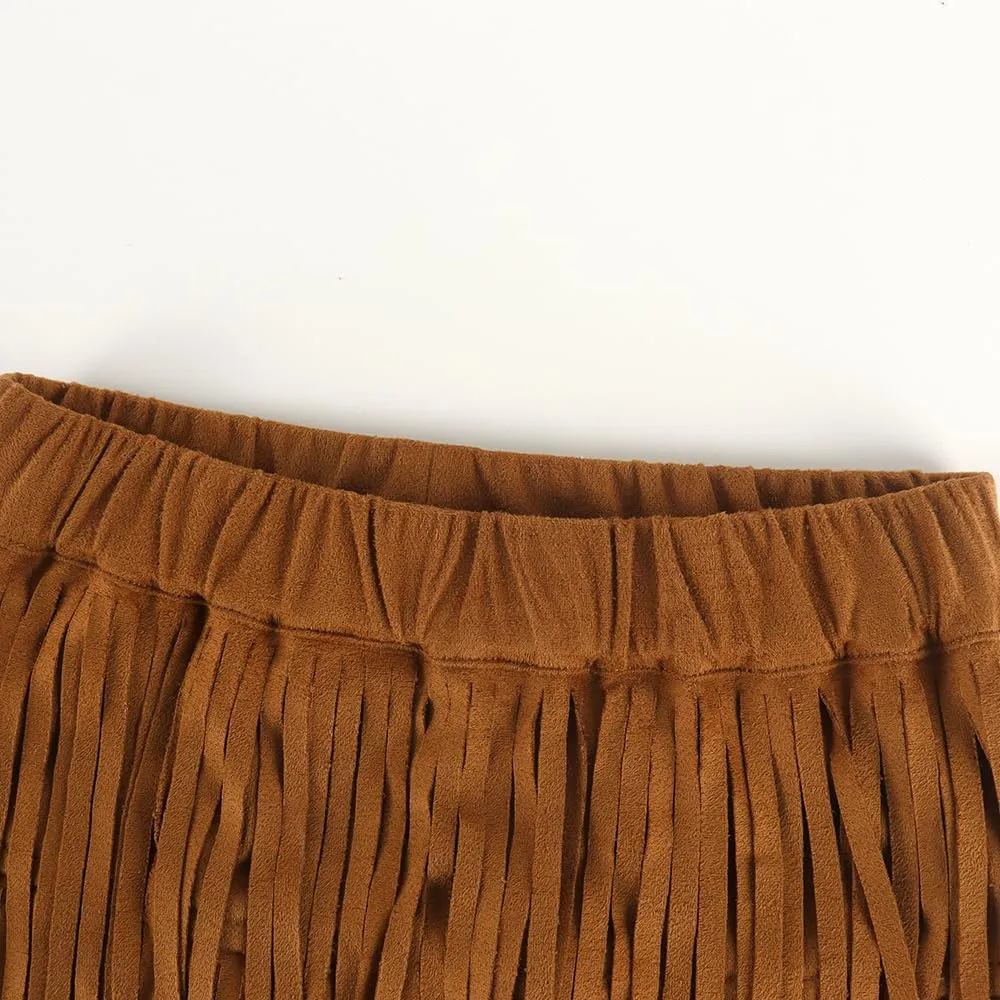 Noomelfish Girls Suede Fringe Skirt Boho Tassel Layered Ruffle Skirt (5-12 Years)