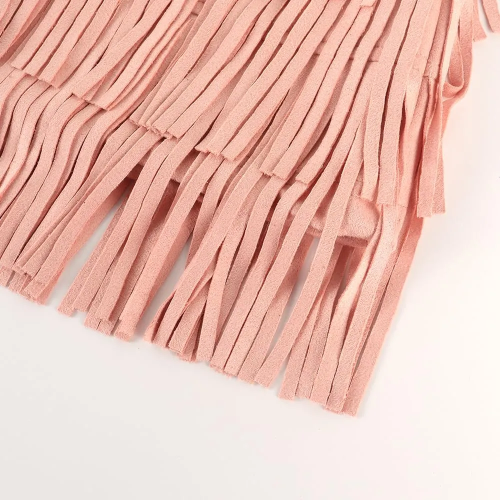 Noomelfish Girls Suede Fringe Skirt Boho Tassel Layered Ruffle Skirt (5-12 Years)