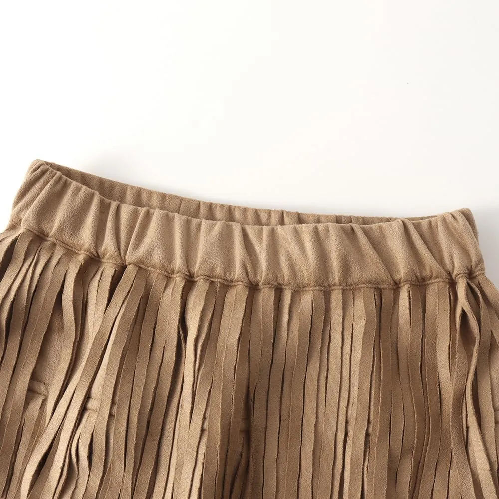 Noomelfish Girls Suede Fringe Skirt Boho Tassel Layered Ruffle Skirt (5-12 Years)