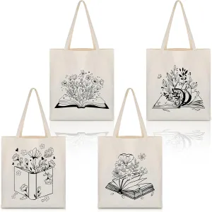 Oudain 4 Pcs Canvas Tote Bag for Women Floral Black Cat Canvas Tote Aesthetic Reusable Grocery Bags Cute Gifts for Cat Lover