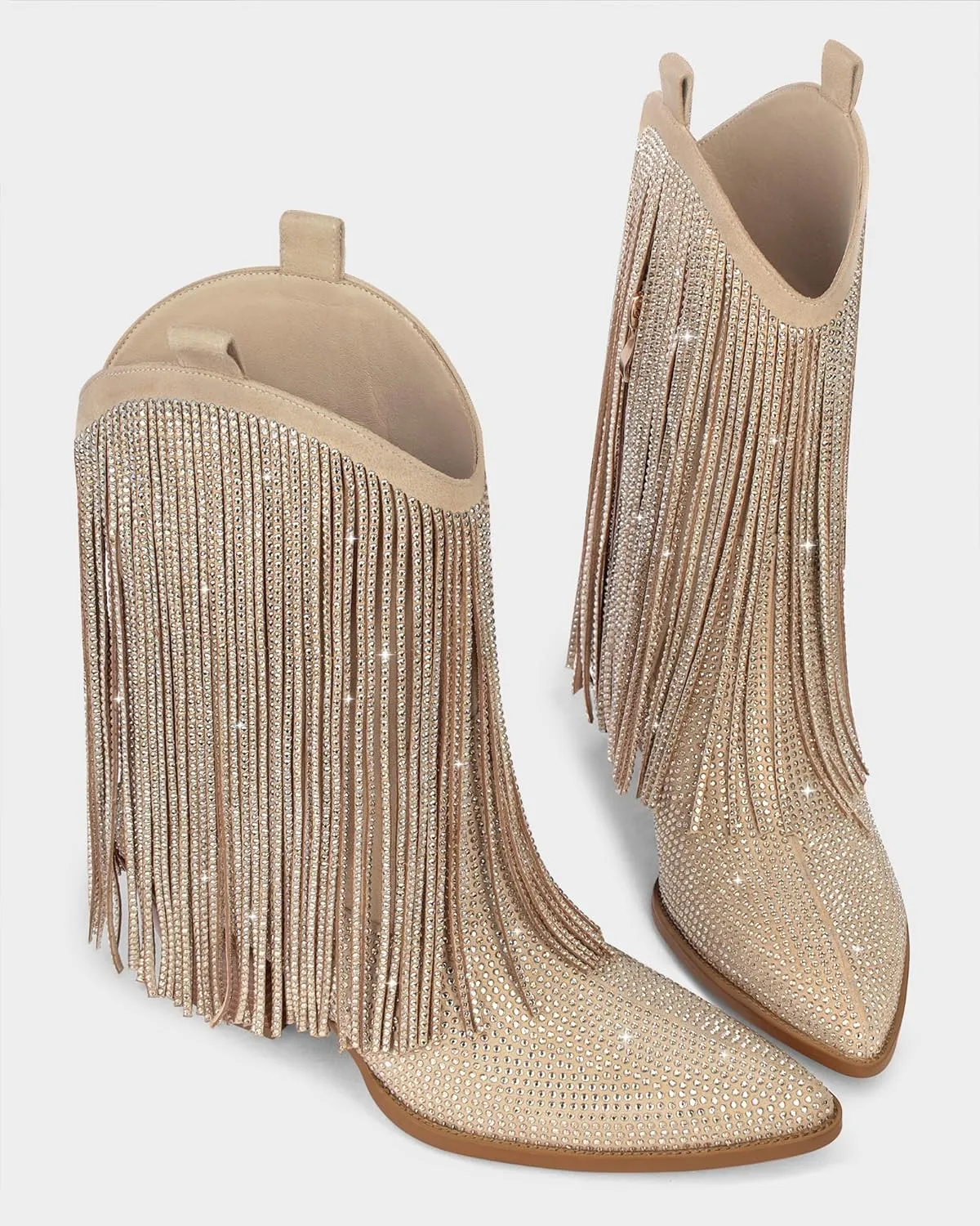 Ouepiano Cowboy Boots for Women - Cowgirl Rhinestone Boots with Sparkly Fringe Pointed Toe Western Boot Chunky Heel Pull-On Wide Calf Botas Vaqueras
