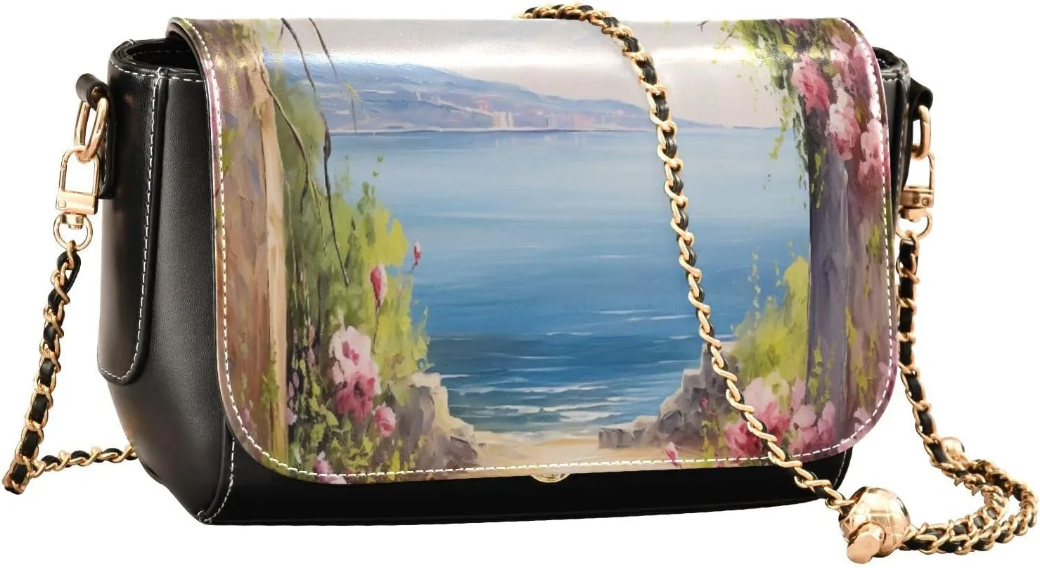 Painting Peaches Floral Crossbody Leather Purses for Women, Shoulder Bags with Compartments, Leather Ladies Crossbody Bags