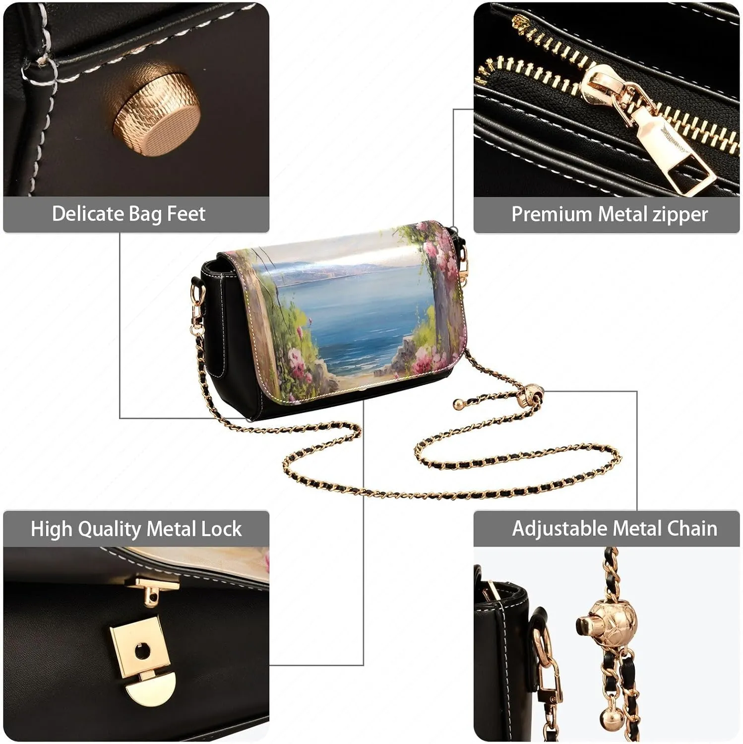 Painting Peaches Floral Crossbody Leather Purses for Women, Shoulder Bags with Compartments, Leather Ladies Crossbody Bags