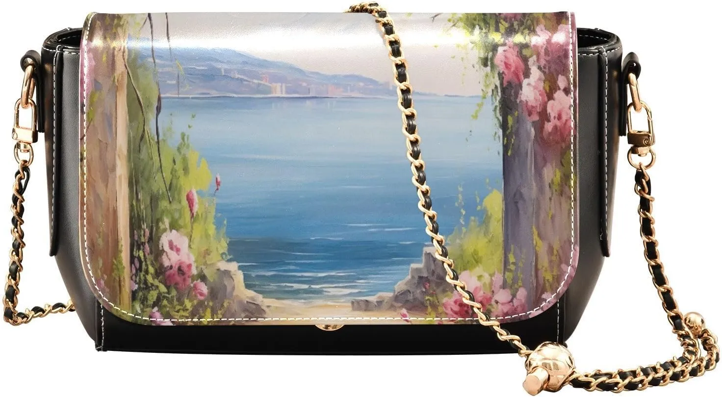 Painting Peaches Floral Crossbody Leather Purses for Women, Shoulder Bags with Compartments, Leather Ladies Crossbody Bags