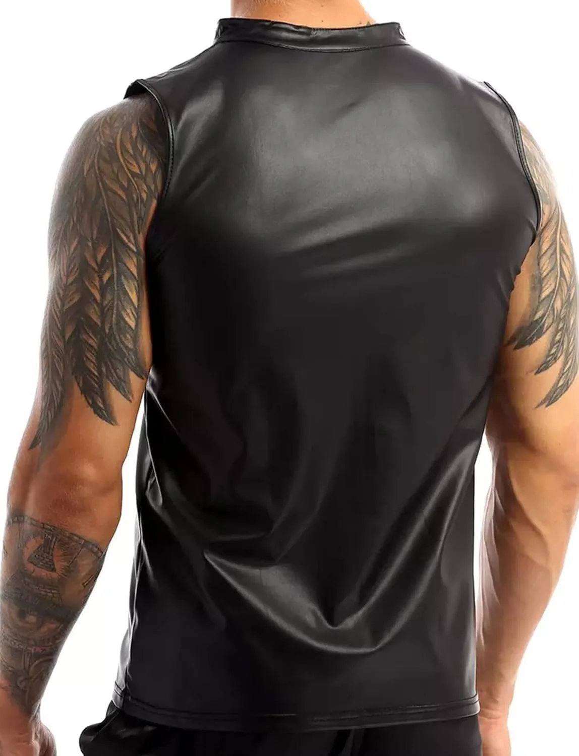 Panegy Men's Black Leather Tshirt Short Sleeve PVC Tunic & Sleeveless Tank Top M-XXL