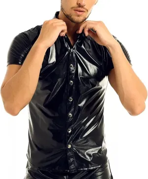 Panegy Men's Black Leather Tshirt Short Sleeve PVC Tunic & Sleeveless Tank Top M-XXL