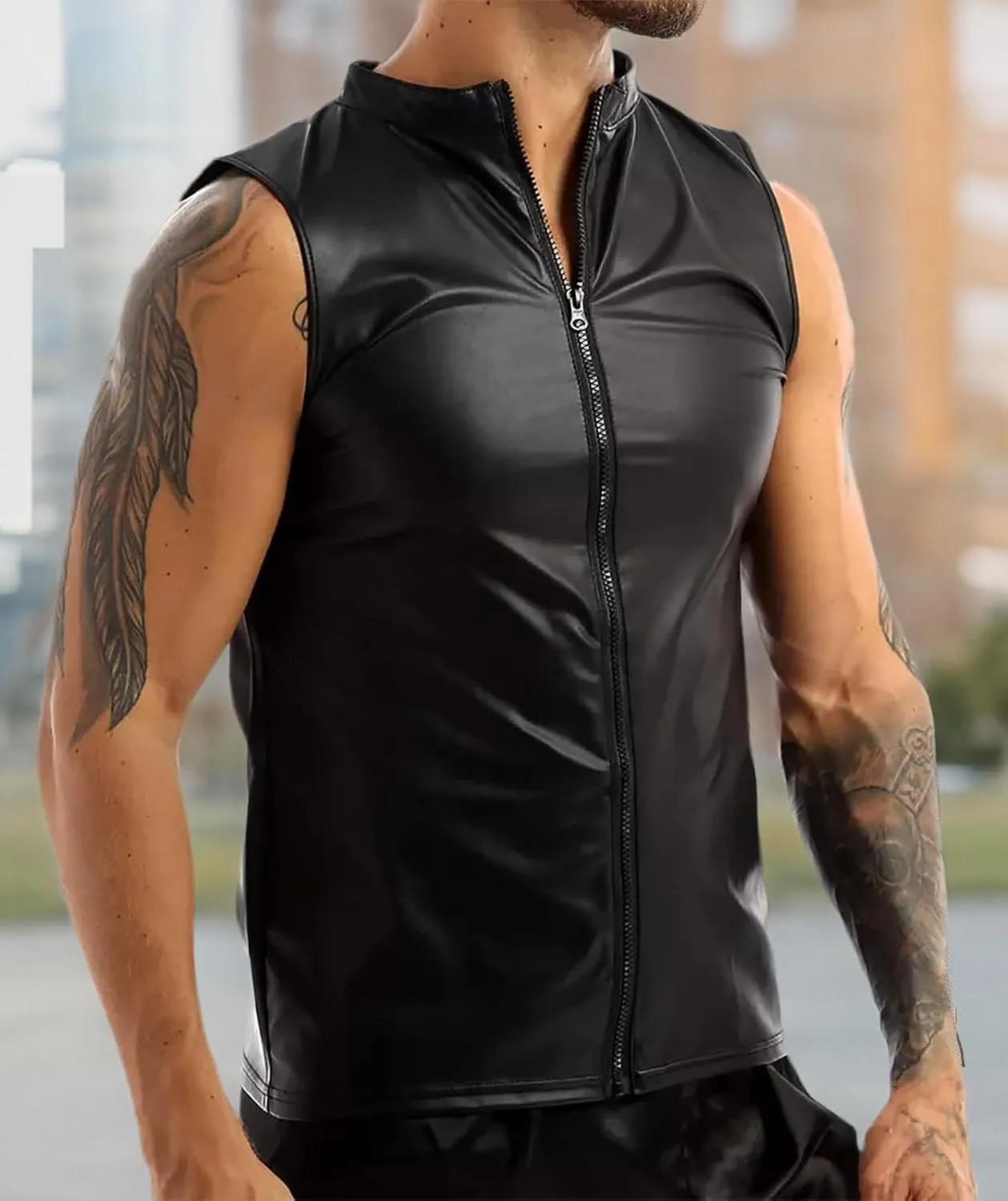 Panegy Men's Black Leather Tshirt Short Sleeve PVC Tunic & Sleeveless Tank Top M-XXL