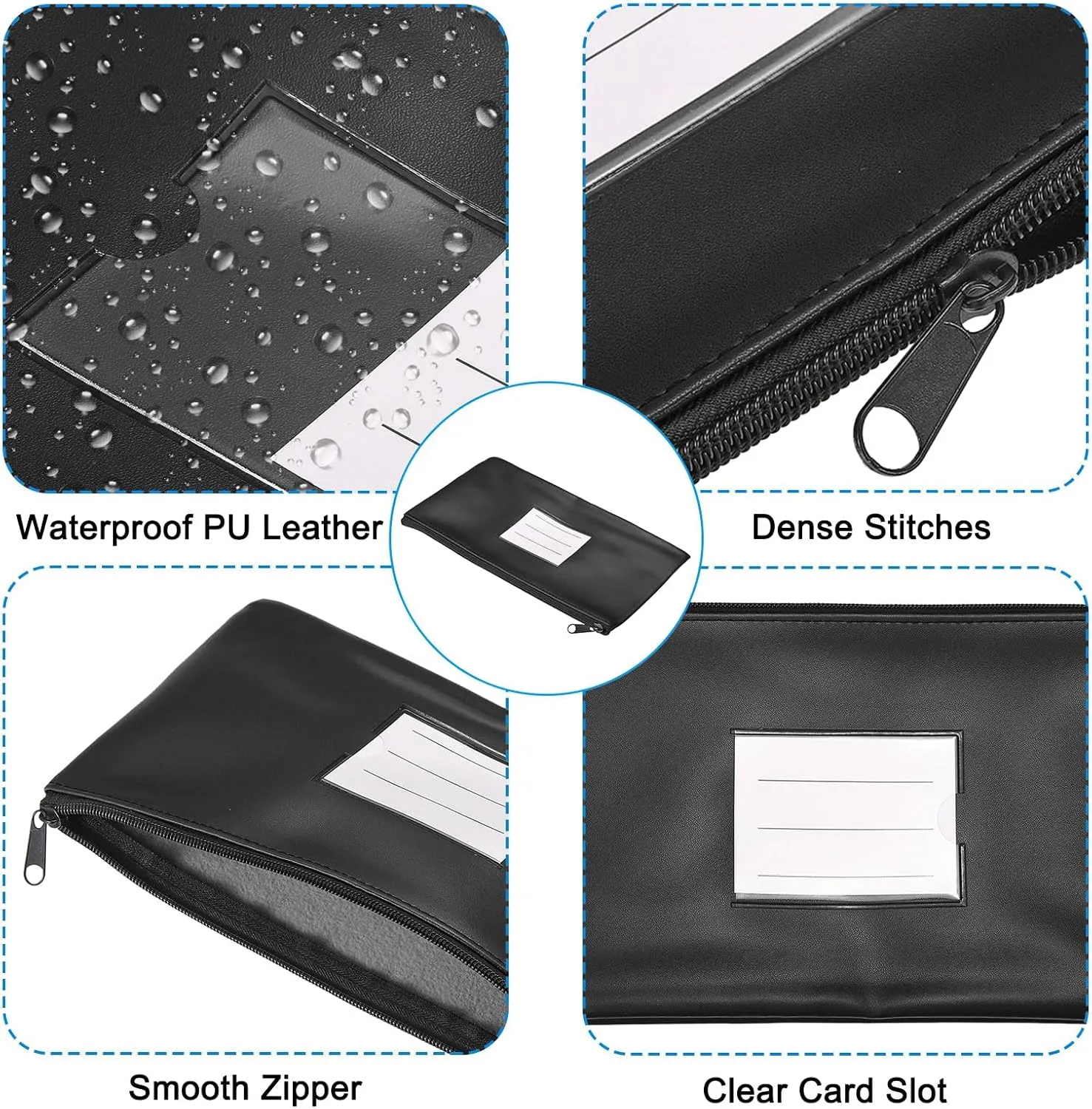 PATIKIL 11x6" Money Bank Deposit Bag with Zipper, 3 Pack Leatherette Cash Coin Check Wallet Pen Pouch Bag with Clear Window for Office Travel, Black