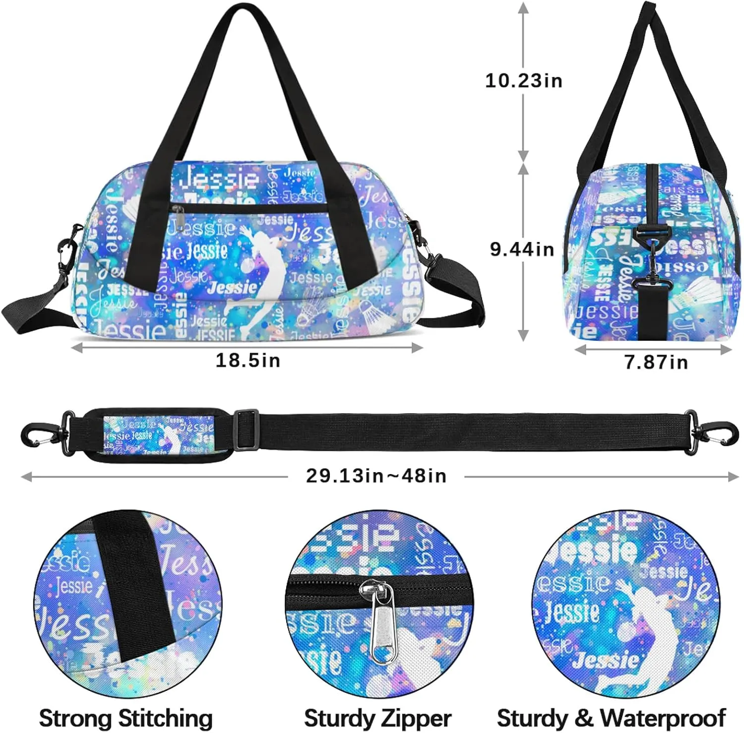 Personalized Badminton Sport Duffel Bag Custom Sports Bag Travel Overnight Shoulder Bags Customized Gifts for Women Men, Blue