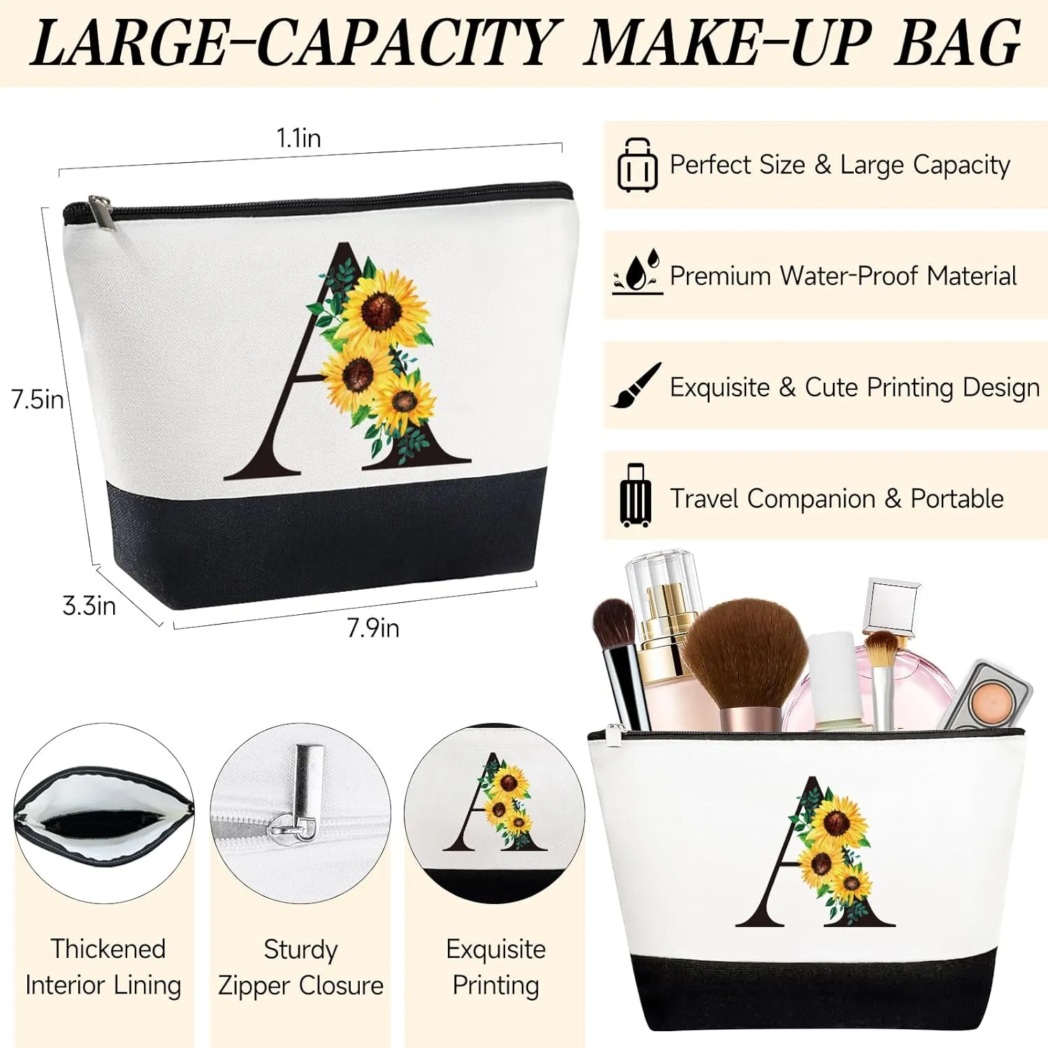 Personalized Canvas Tote Bag & Makeup Bag & Glass Cup - Monogrammed Sunflower Birthday Gifts for Mom, Sister, Best Friends - Initial Monogram Options