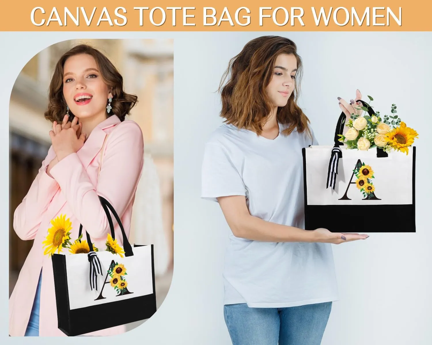 Personalized Canvas Tote Bag & Makeup Bag & Glass Cup - Monogrammed Sunflower Birthday Gifts for Mom, Sister, Best Friends - Initial Monogram Options