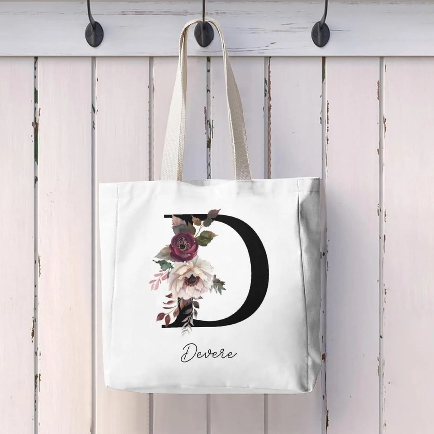 Personalized Canvas Tote Bag with Capital Initial Vintage Flowers, Custom Name Gifts for Women Birthday Mother's Day