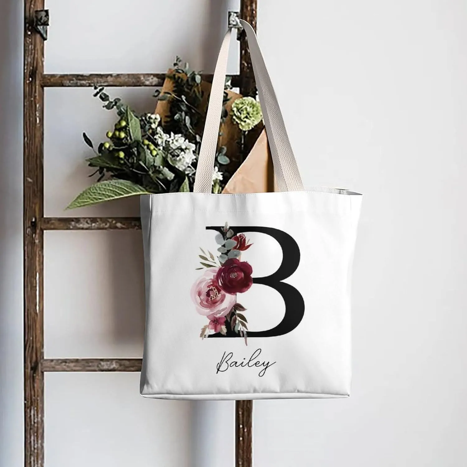 Personalized Canvas Tote Bag with Capital Initial Vintage Flowers, Custom Name Gifts for Women Birthday Mother's Day