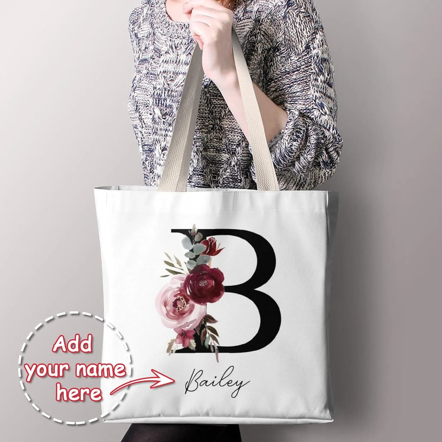 Personalized Canvas Tote Bag with Capital Initial Vintage Flowers, Custom Name Gifts for Women Birthday Mother's Day